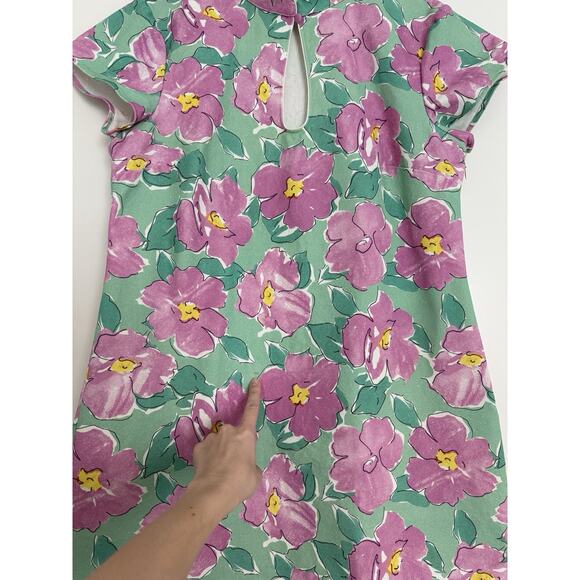 RIXO Lolita Cotton Canvas Mini Dress Azalea Bloom Pink & Green Floral Women’s L - Picture 15 of 16